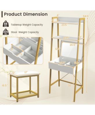 2Pc Powder-Coated Metal Frame Ladder Vanity Desk Set with Flip Top Mirror and Cushioned Stool