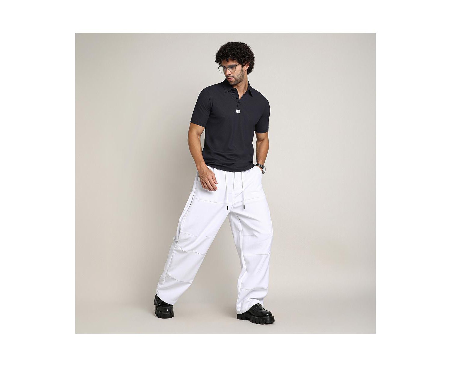 Men's Chalk White Relaxed-Panel Cargo Trousers
