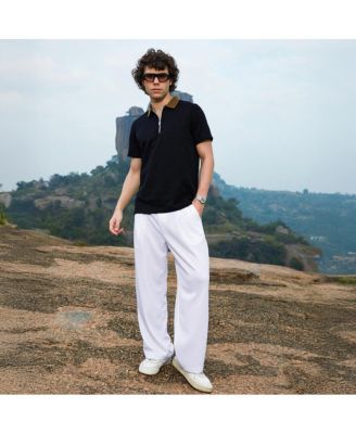 Men's Cream White Straight-Fit Ribbed Trousers