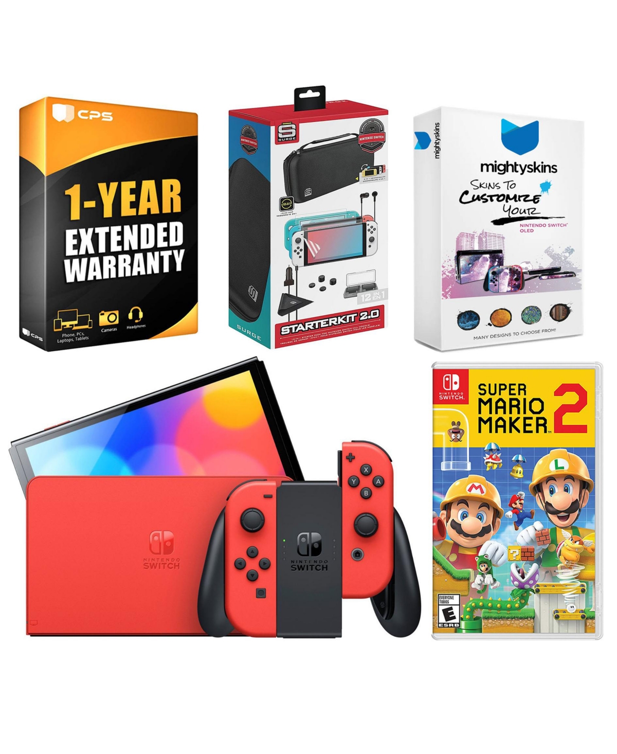 Nintendo Switch Oled Mario Red Edition with Mario Maker 2, Surge Accessory Gaming Kit