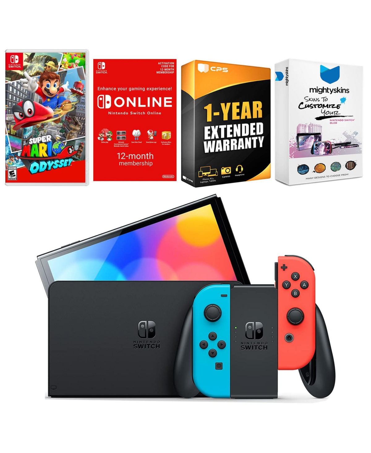 Nintendo Switch Neon Red & Blue Oled Console with Super Mario Odyssey, Nso 12 Month Family Membership