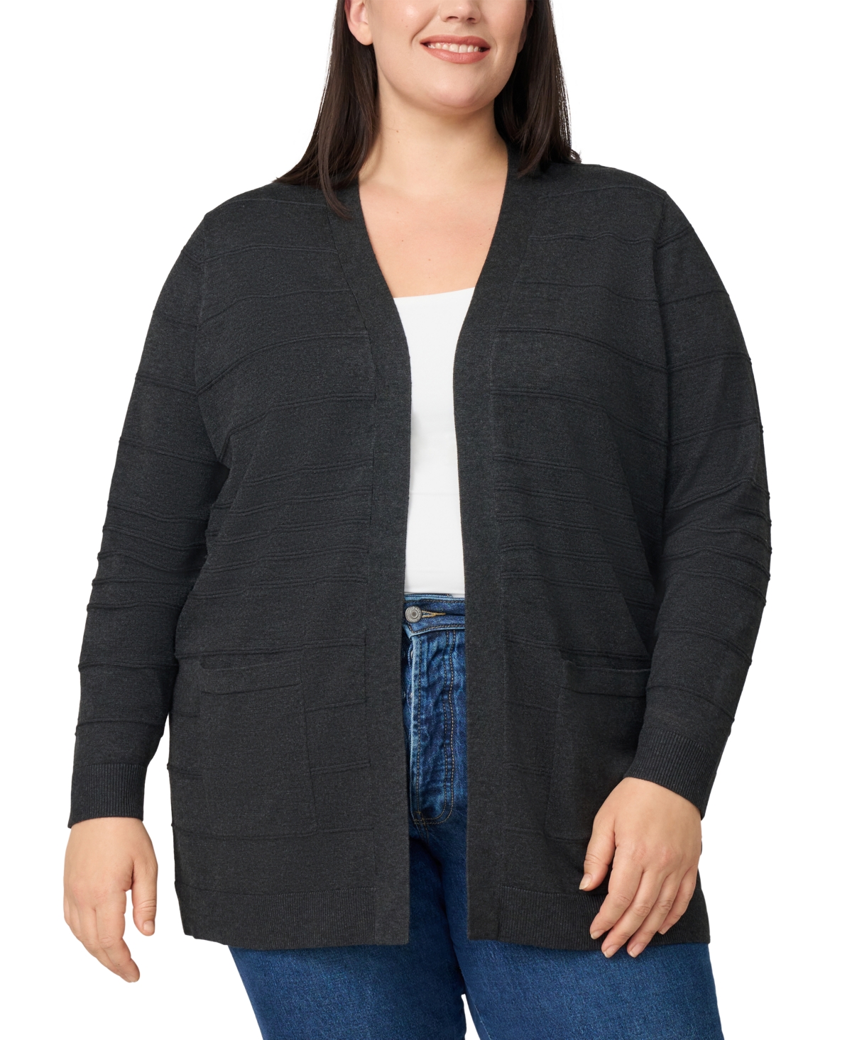 Plus Size Textured Stripe Cardigan Sweater - Jet Black