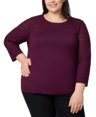 Melissa Paige - Plus Size Pointelle-Yoke 3/4-Sleeve Sweater