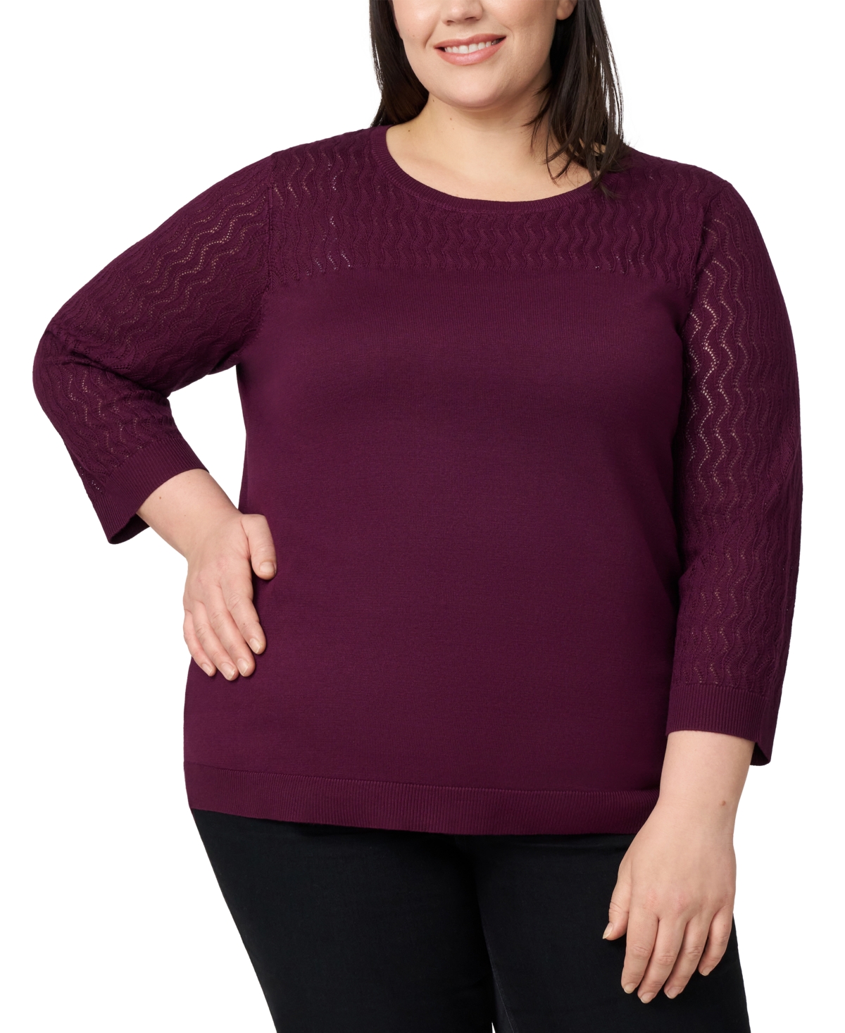 Melissa Paige Plus Size Pointelle-yoke 3/4-sleeve Sweater In Red