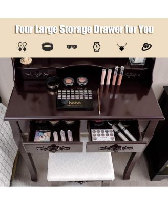 2-Pc. Wood Touch-Switch Lighted Mirror Makeup Dressing Table Set with Cushioned Stool