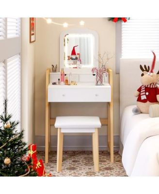 2-Pc. Wood Adjustable Height Vanity Desk Set with 3-Color LED Lighted Mirror and Drawers