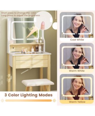 2Pc Adjustable LED Lighted Mirror and Power Outlets Small Vanity Desk Set