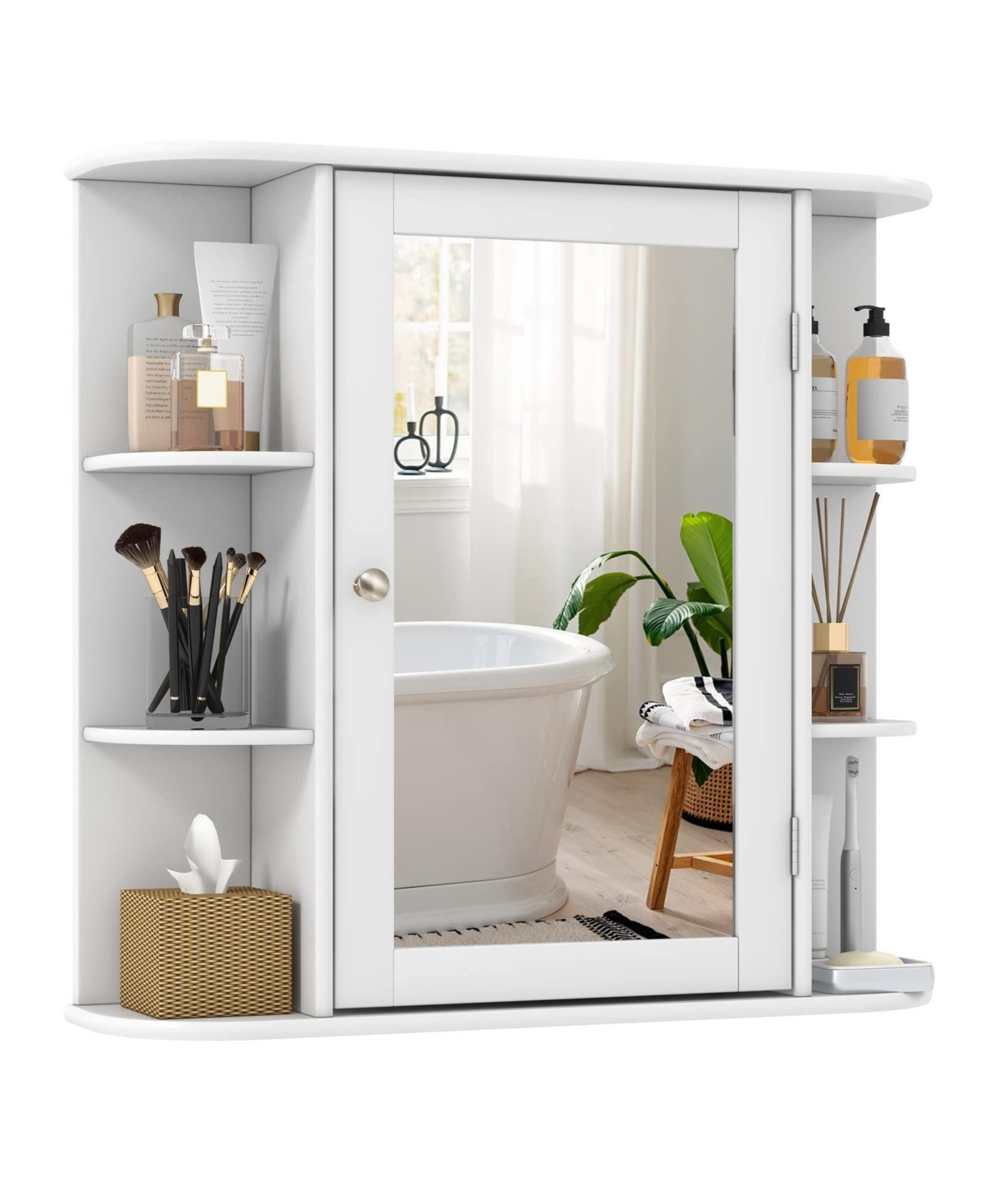 Wall-Mounted Bathroom Mirror Cabinet with Storage Shelves - White