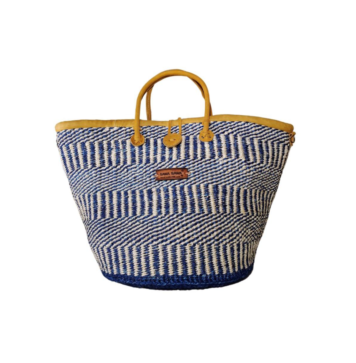 Ripples of Nourishment Handmade Sisal Straw Basket Tote Bag - Blue and ivory