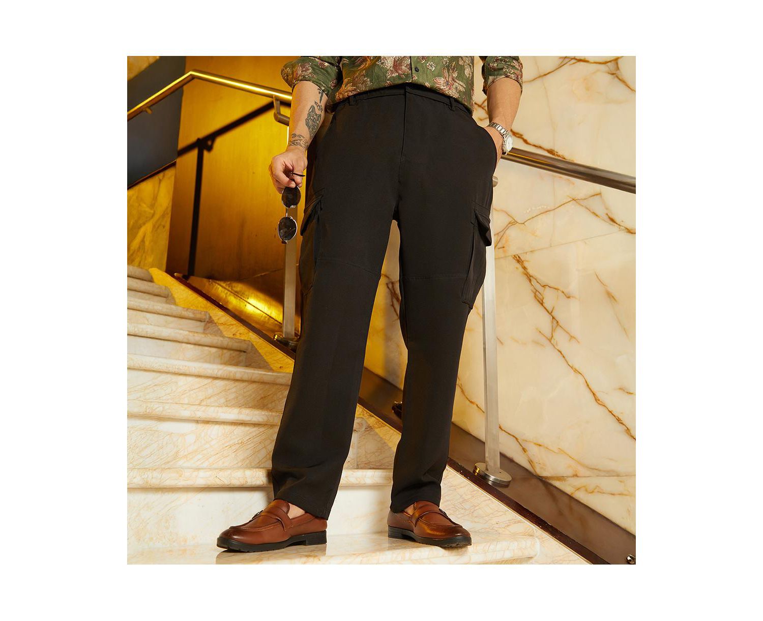 Men's Midnight Black Straight-Fit Cargo Trousers