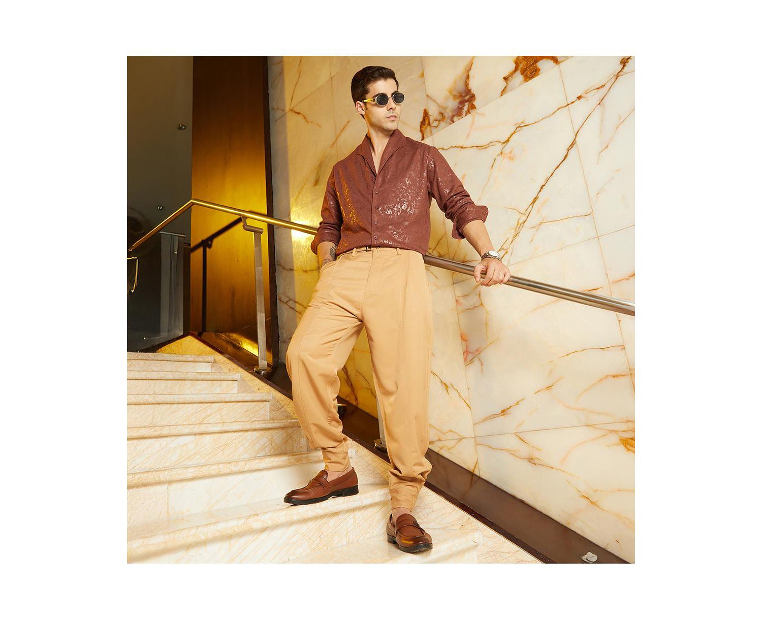 Men's Khaki Beige Panelled Gurkha Trousers