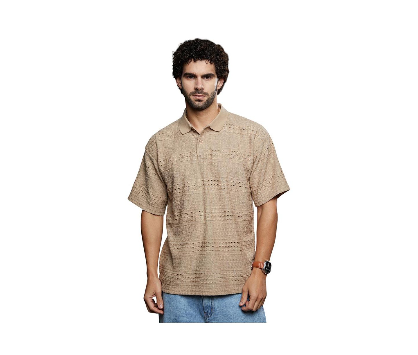 Мужская футболка Cahoot Campus Sutra Buff Beige Bohomian Oversized Polo, цвет: Бежевый / Хаки — фото 1