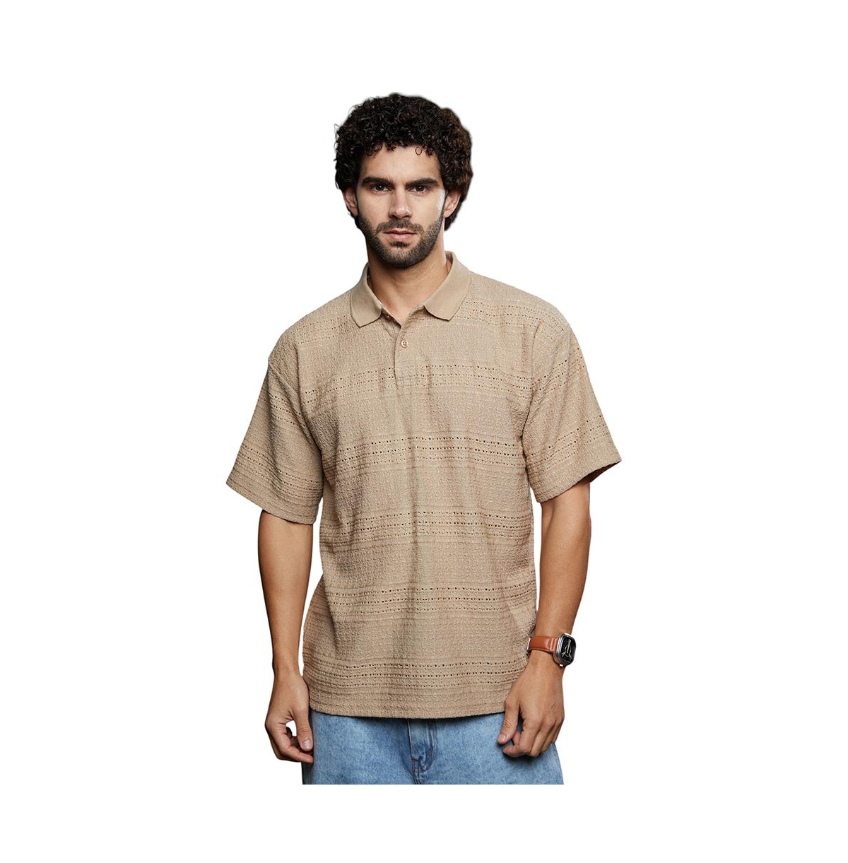 Men's Buff Beige Bohomian Oversized Polo T-Shirt - Beige/khaki