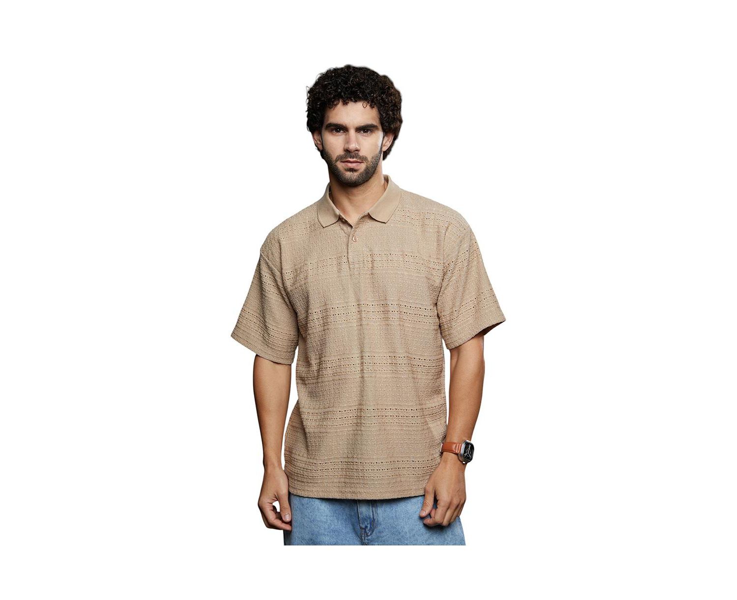 Men's Buff Beige Bohomian Oversized Polo T-Shirt