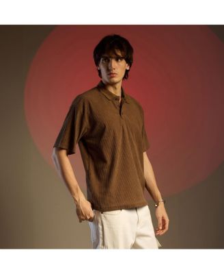 Men's Chocolate Brown Ribbed Oversized Polo T-Shirt