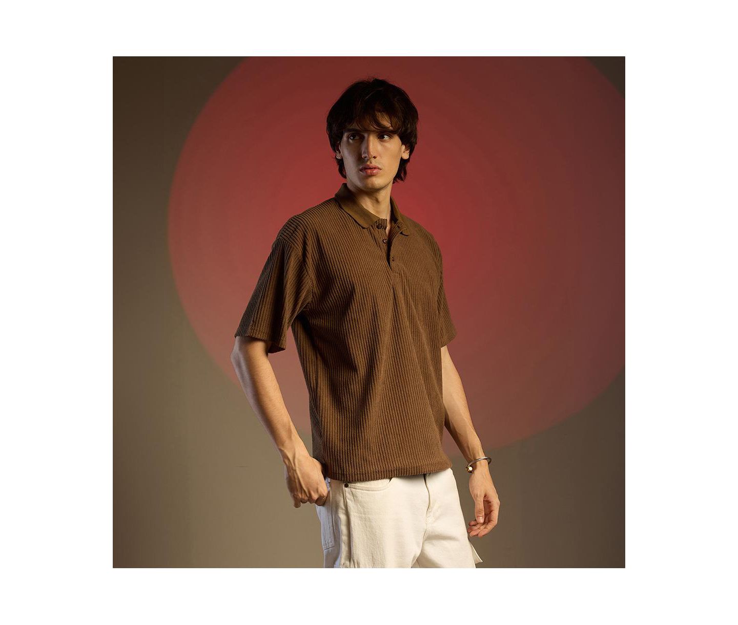 Мужская футболка Cahoot Chocolate Brown Ribbed Oversized Polo, цвет: Коричневый — фото 4