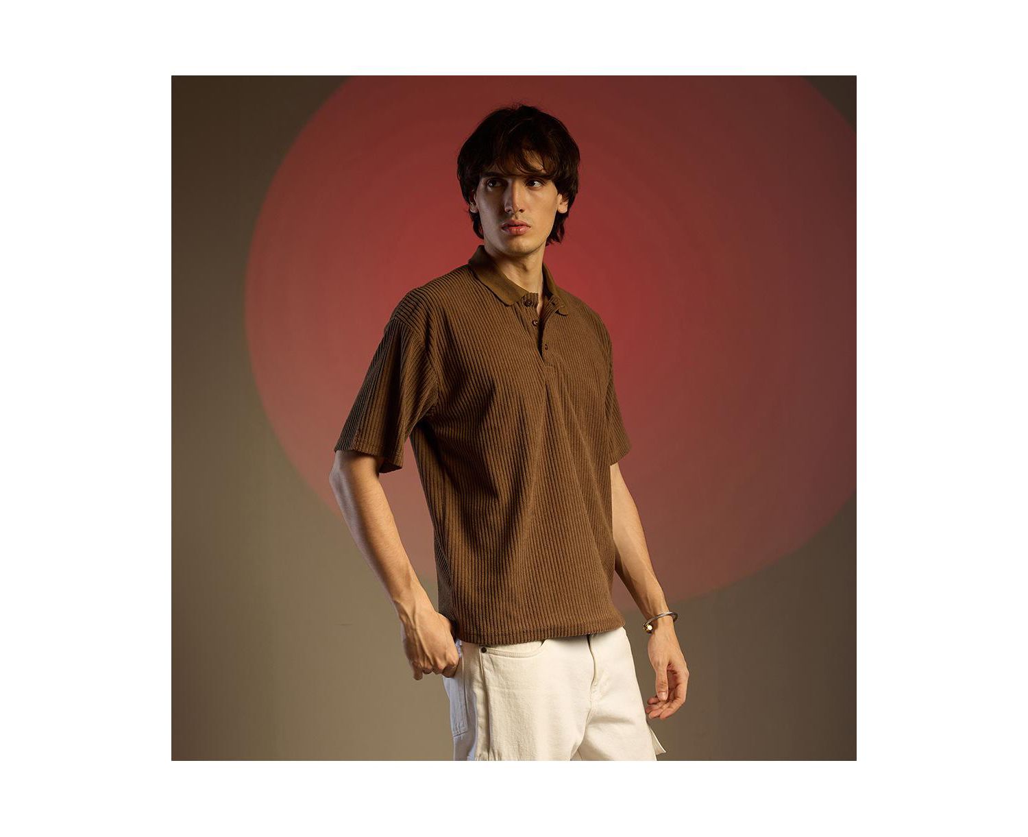 Men's Chocolate Brown Ribbed Oversized Polo T-Shirt