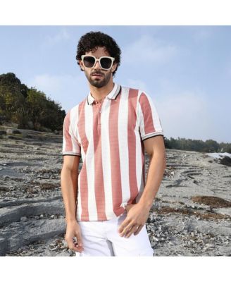 Men's Nude Pink & Cream White Awning-Striped Polo T-Shirt