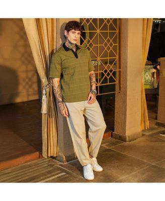 Men's Olive Green & Onyx Black Contrast Grid Polo T-Shirt