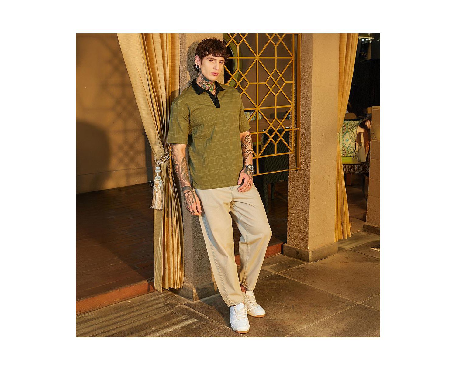 Men's Olive Green and Onyx Black Contrast Grid Polo T-Shirt