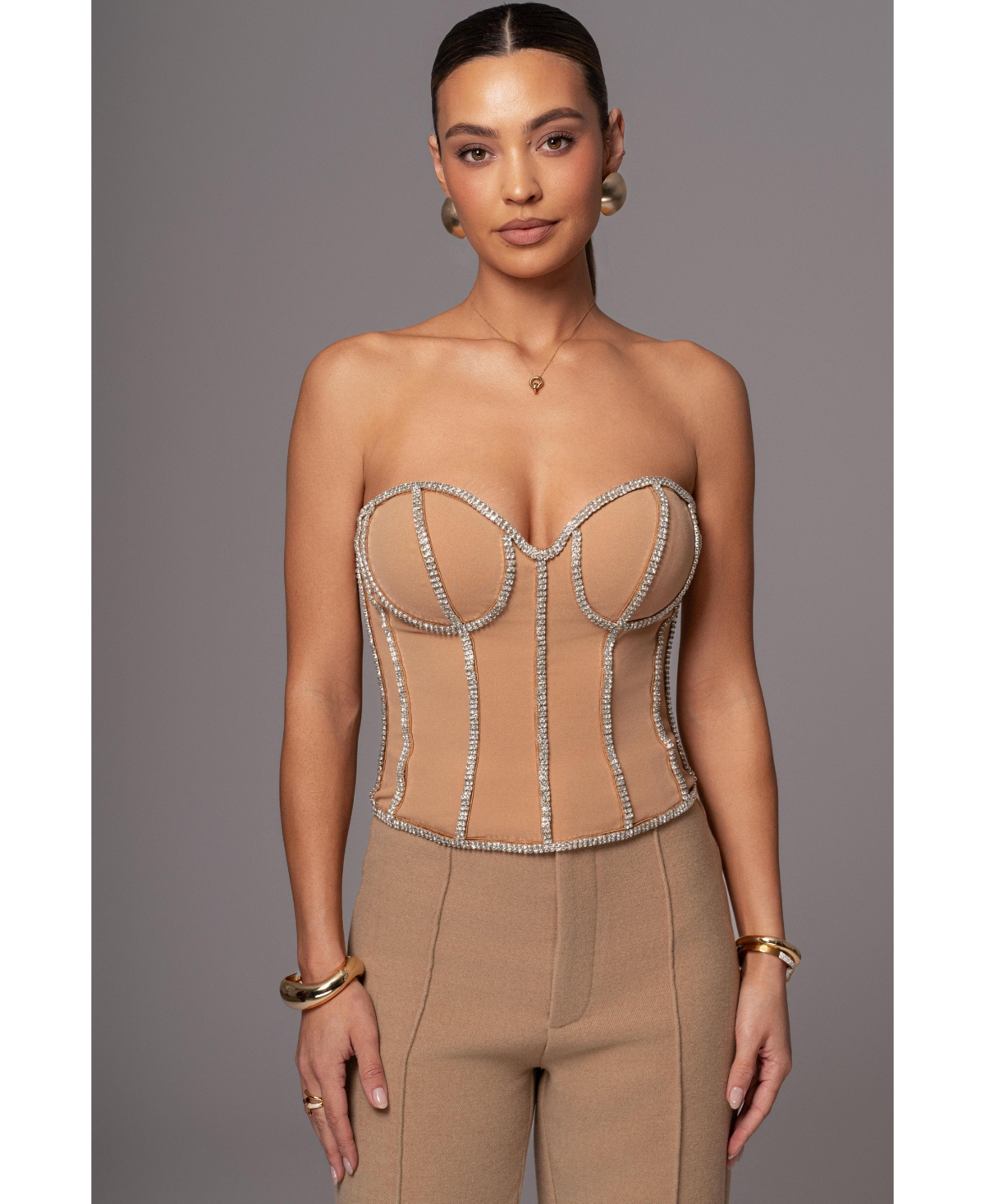 Women's Illusions Rhinestone Corset - Tan