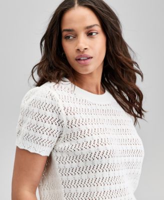 Women's Crewneck Pointelle Short-Sleeve Sweater, Exclusively at Macy's 