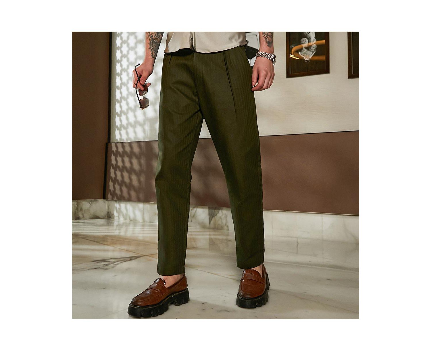 Men's Juniper Green Striped Tailored Trousers