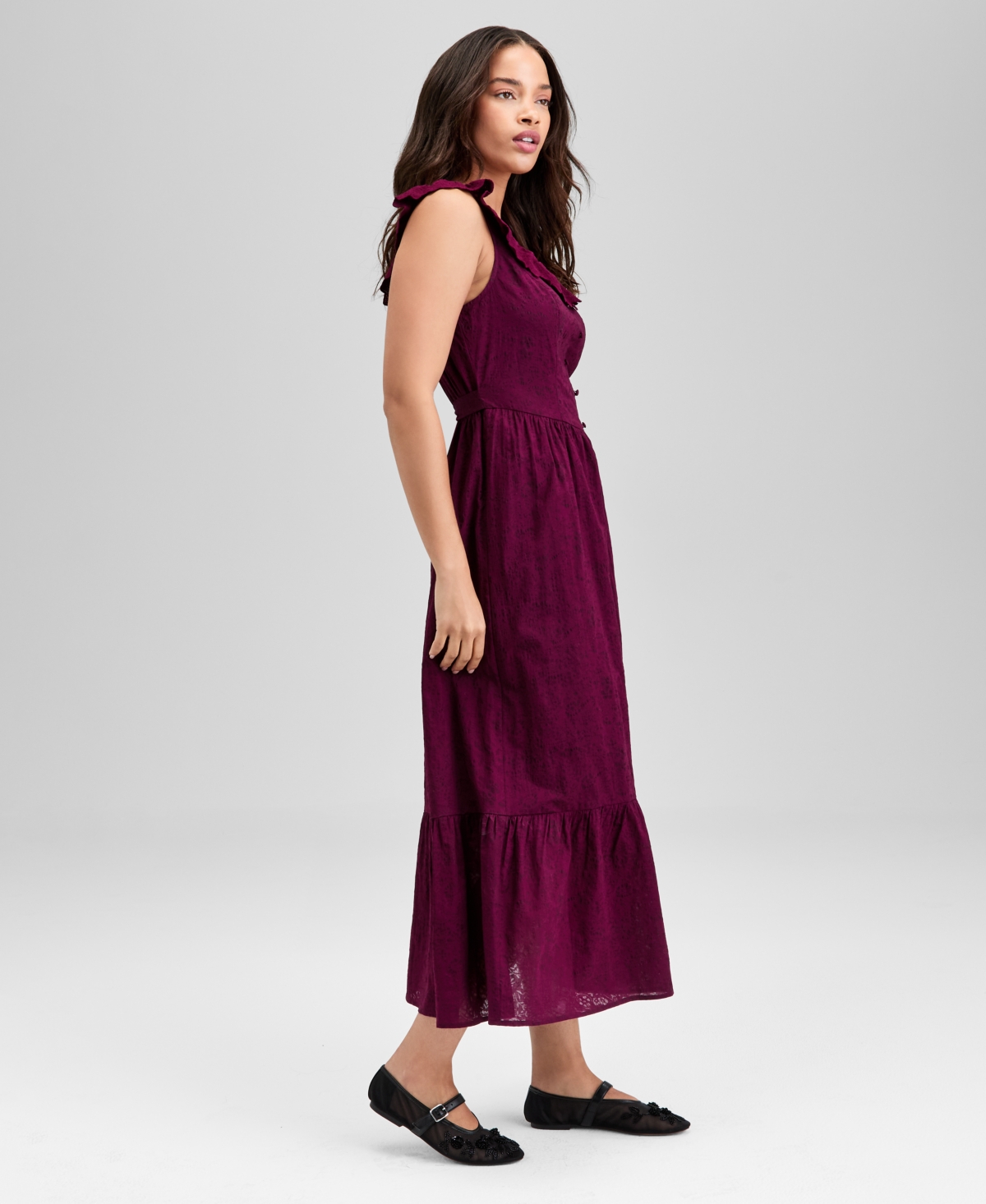 And Now This Women's Cotton Ruffle-trim Scoop-neck Voile Maxi Dress, Exclusively At Macy's In Burgundy
