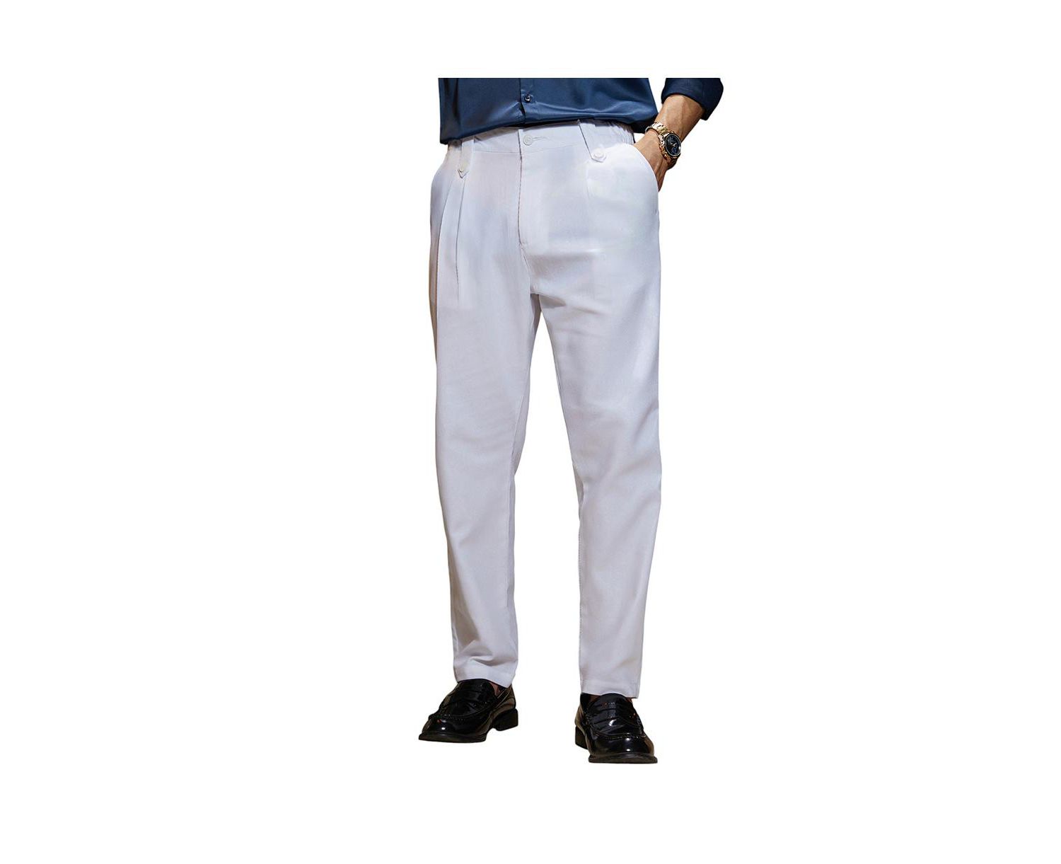 Men's Cream White Ribbed-Pleated Chino Trousers