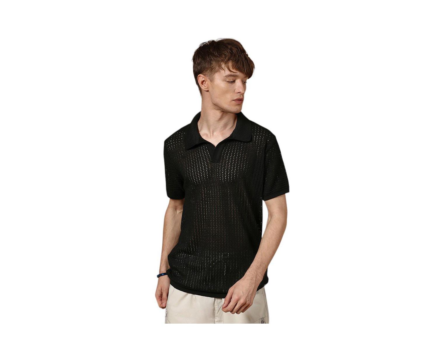 Men's Raven Black Textured-Knit Polo T-Shirt