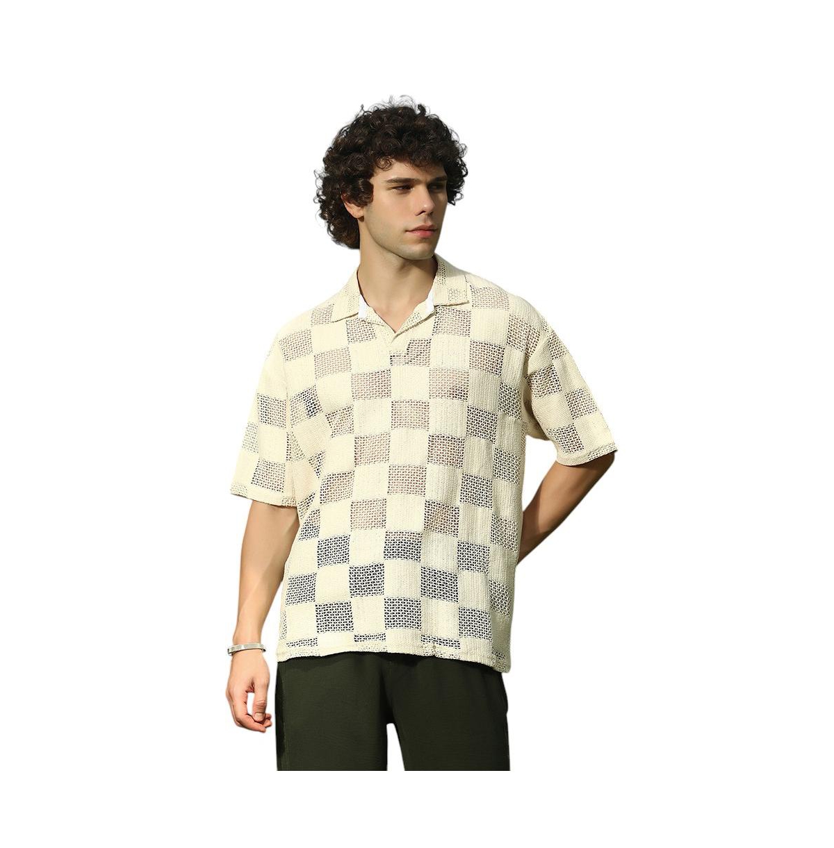 Men's Saltbox Beige Grid Oversized Polo T-Shirt - Beige/khaki