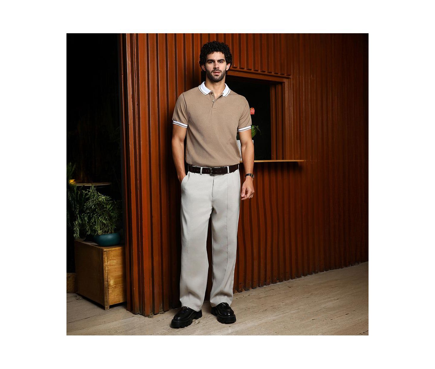 Мужская футболка Cahoot Campus Sutra Sand Beige Cuboid-Stripe Polo, цвет: Бежевый / Хаки — фото 3