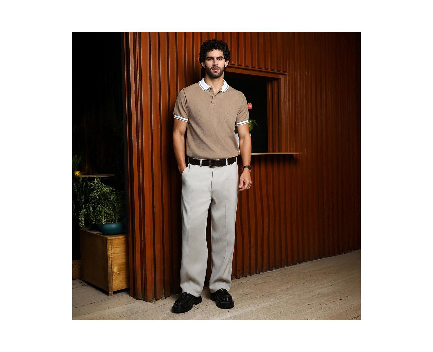 Men's Sand Beige Cuboid-Stripe Polo T-Shirt