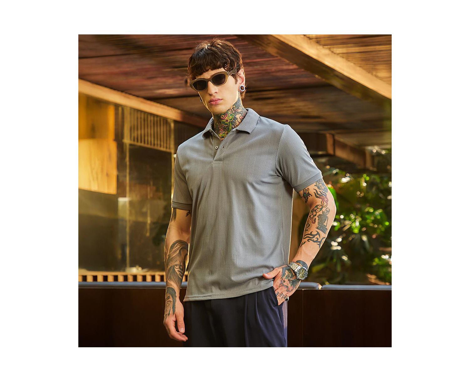 Men's Coin Grey Ribbed -Tactile Polo T-Shirt