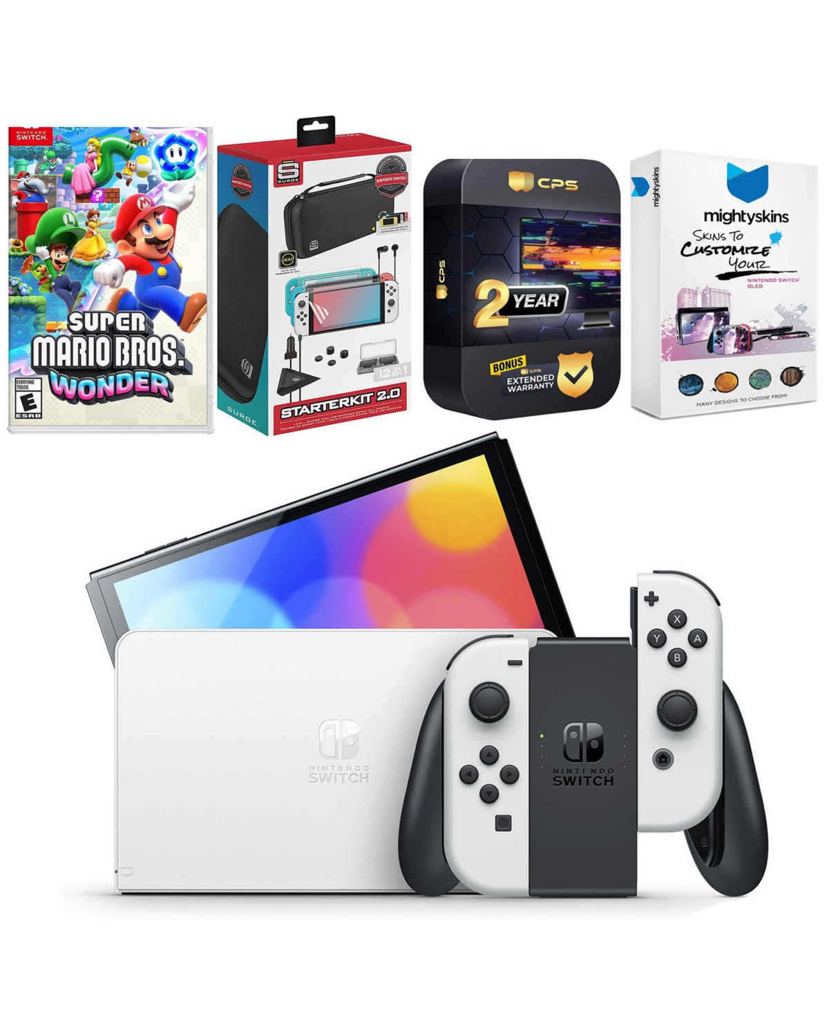Nintendo Switch White Oled Console with Super Mario Bros. Wonder, Surge Accessory Gaming Kit, MightySkins Console and Controller Skin Voucher