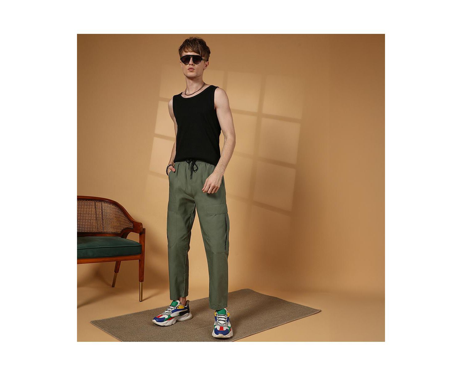 Men's Olive Green Solid Utility Trousers