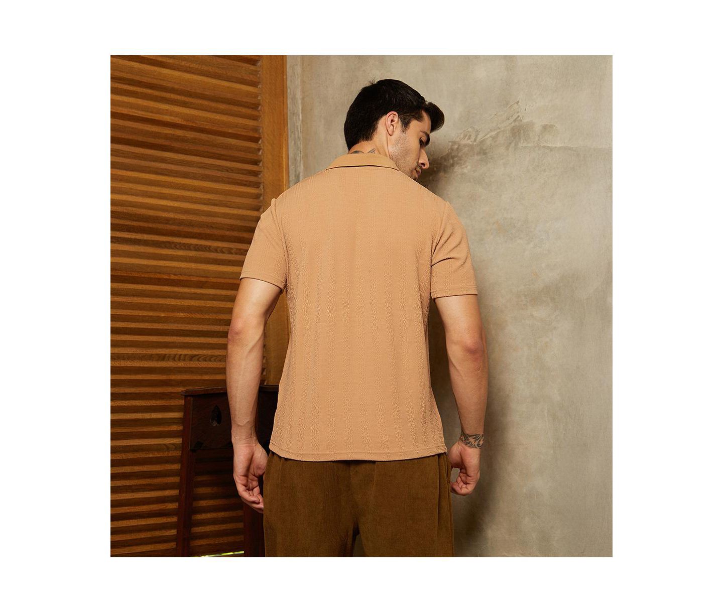 Мужская футболка Cahoot Campus Sutra Peanut Brown Rope-Tactile Cuban Polo, цвет: Коричневый — фото 5