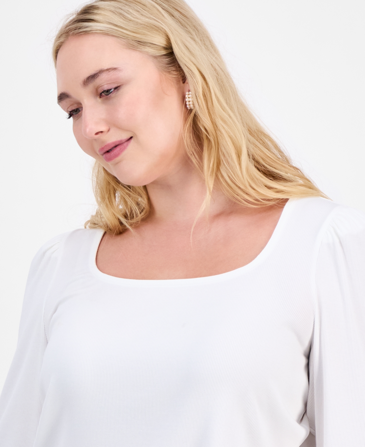 On 34th Trendy Plus Long-sleeve Square-neck Top, Exclusively At Macy's In White