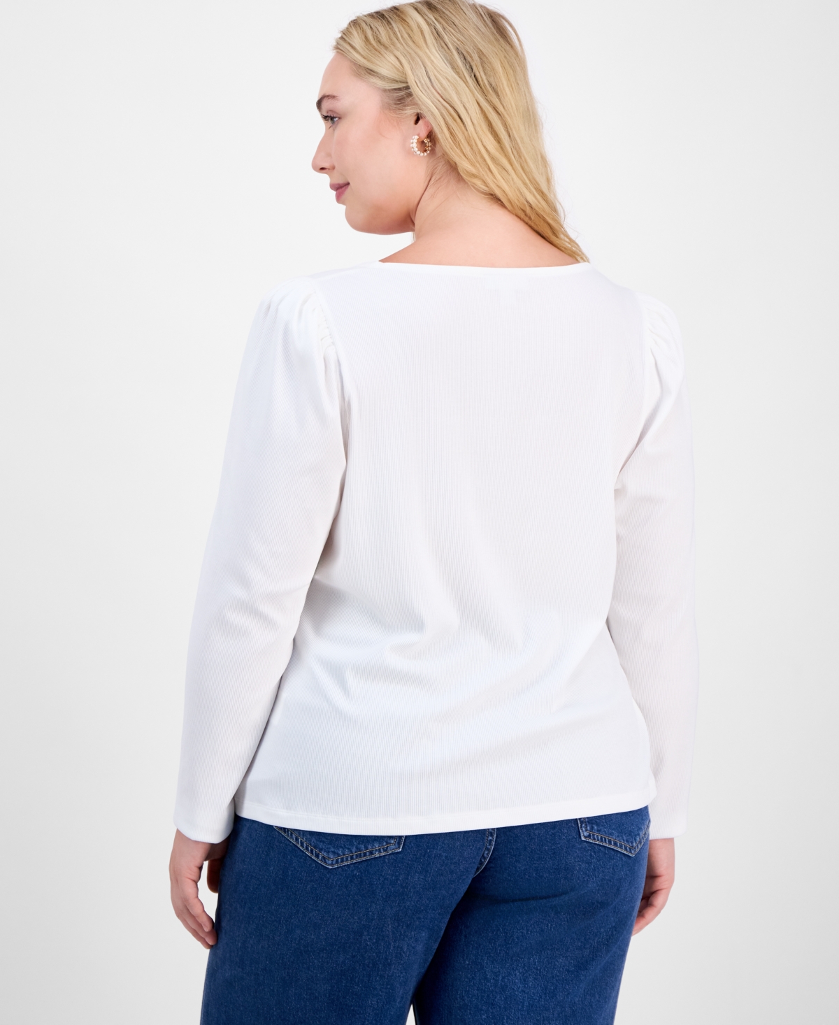 On 34th Trendy Plus Long-sleeve Square-neck Top, Exclusively At Macy's In White