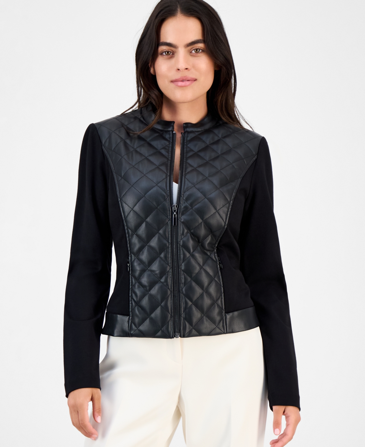 Anne Klein Petite Quilted Faux-Leather Jacket - Anne Black