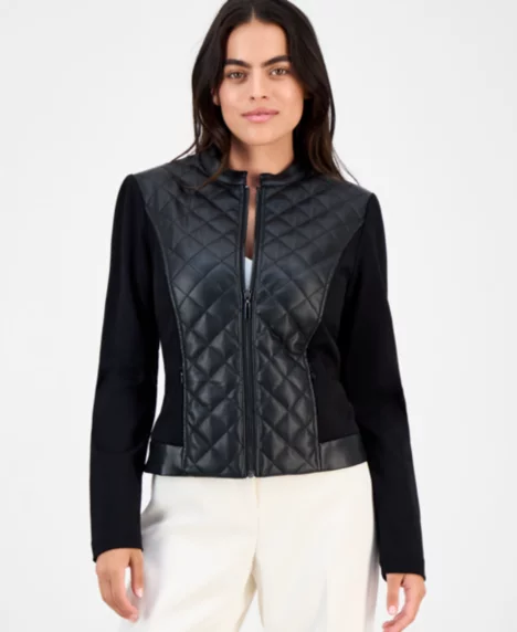 Anne Klein Petite Quilted Faux-Leather Jacket  - Anne Black