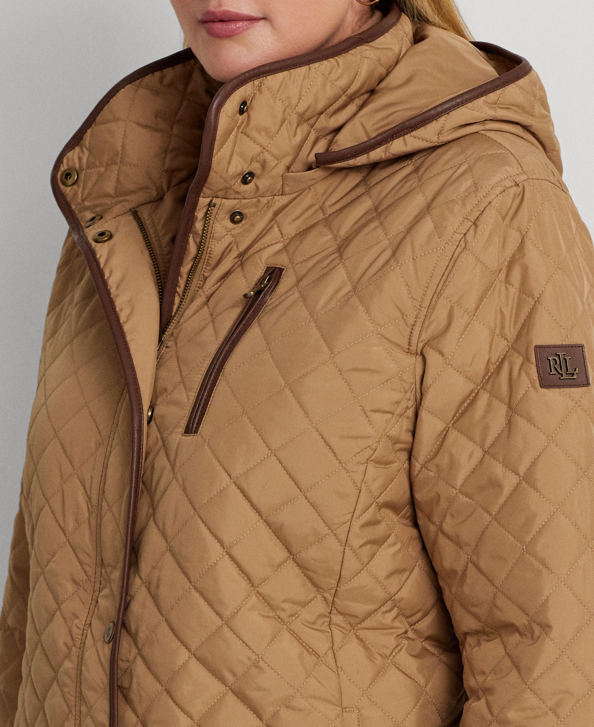Ralph Lauren Plus Size Hooded Quilted Faux-suede-trim Coat In Brown
