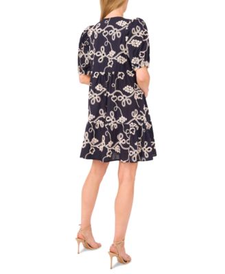 Women's Tie-Neck Embroidered Tiered Short-Sleeve Dress