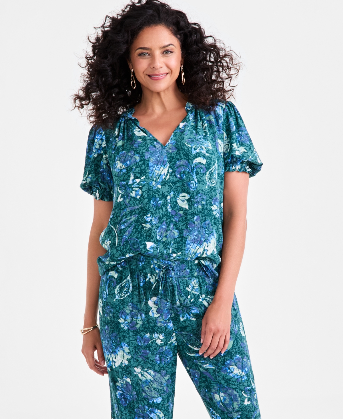 Women's Printed Split-Neck Blouse, Exclusively at Macy's - Jungle Floral Sea