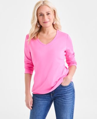 Women's Cotton 3/4-Sleeve V-Neck Tee, PXS-4X, Created for