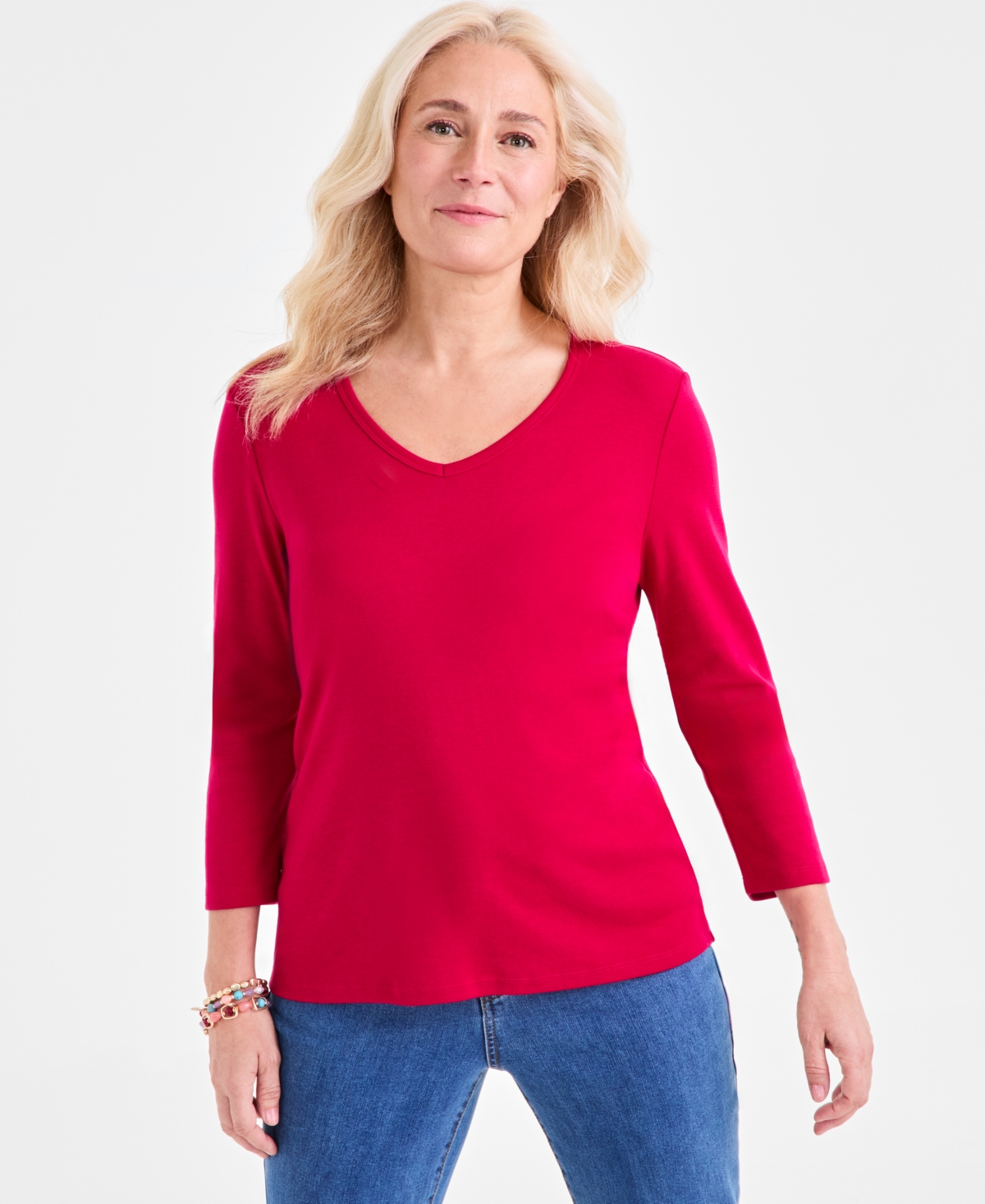 Women's Cotton 3/4-Sleeve V-Neck Tee, Created for Macy's - Bright White