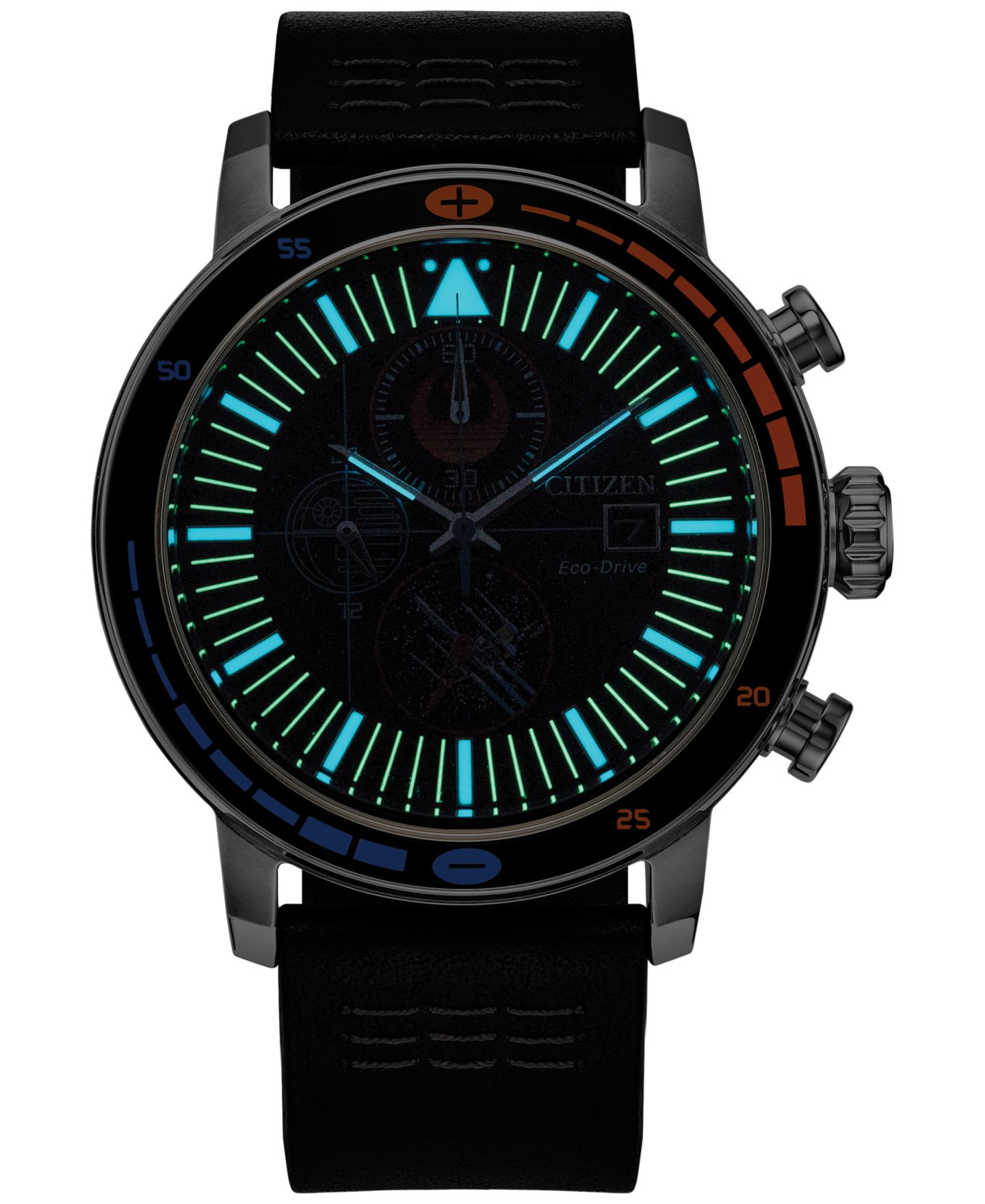 Мужские часы Citizen Eco-Drive Chronograph Star Wars Rebel Starfighter Black Leather Strap Watch 44mm Box Set — фото 4
