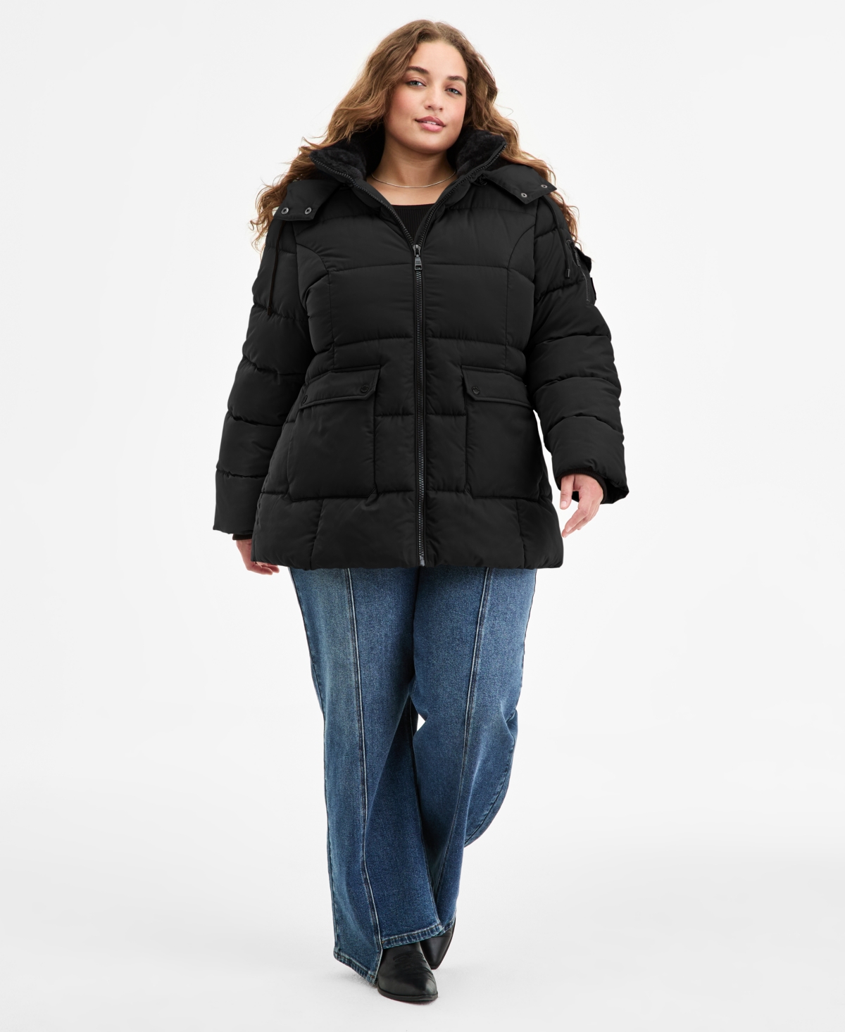 Steve Madden Plus Size Hooded Utility-pocket Puffer Coat In Black
