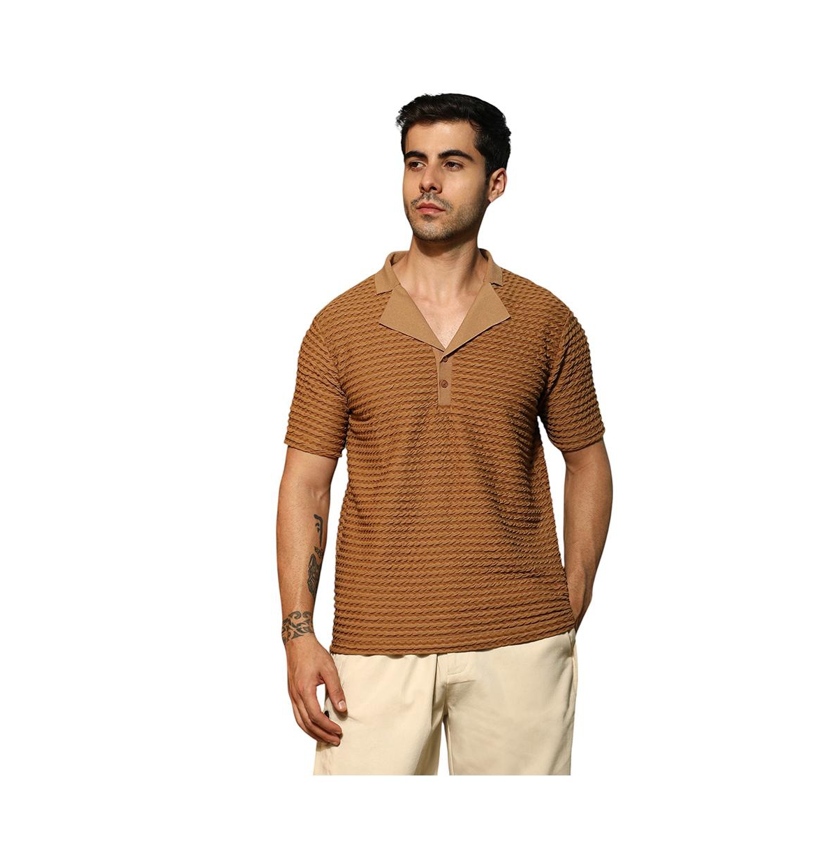 Men's Coffee Brown Crease-Tactile Cuban Polo T-Shirt - Brown