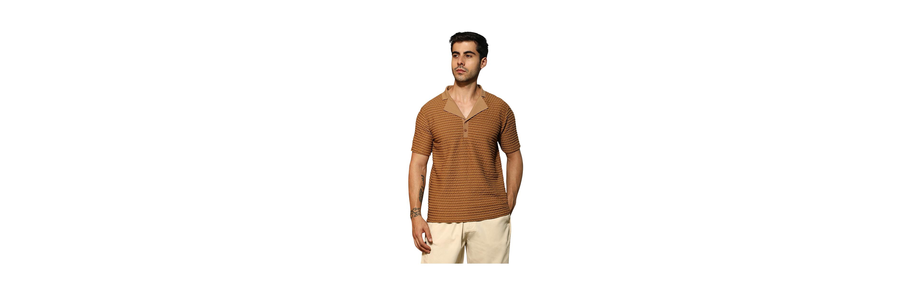 Campus Sutra Men's Coffee Brown Crease-Tactile Cuban Polo T-Shirt